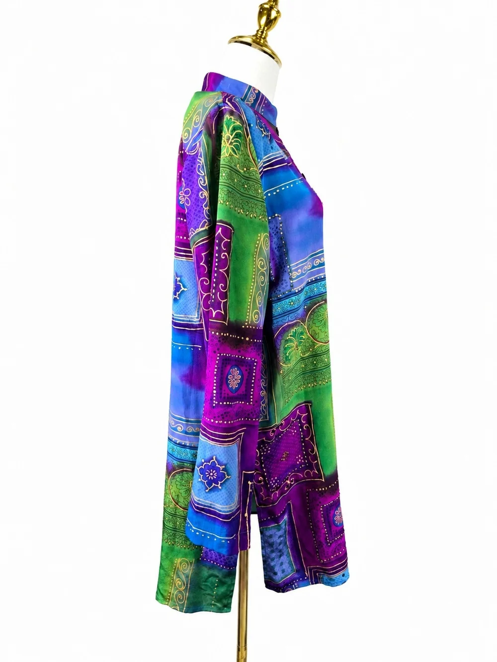 Vintage Diane Gilman 100% Silk Tunic M Jewel Tone Patchwork Art to Wear Y2K